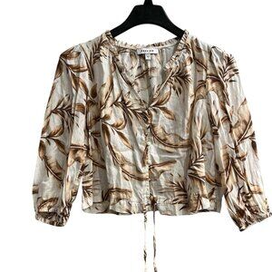 Preview Top Womens 12 White Brown Floral Linen Cropped Button Down Coastal Beach